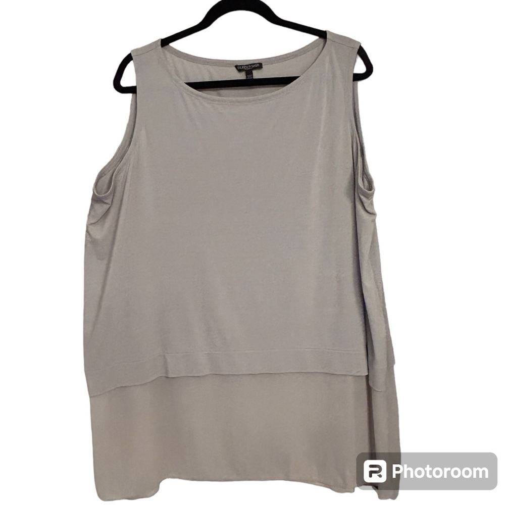 Eileen Fisher Silver Bateau Neck Silk Blocking Shell Size 2X